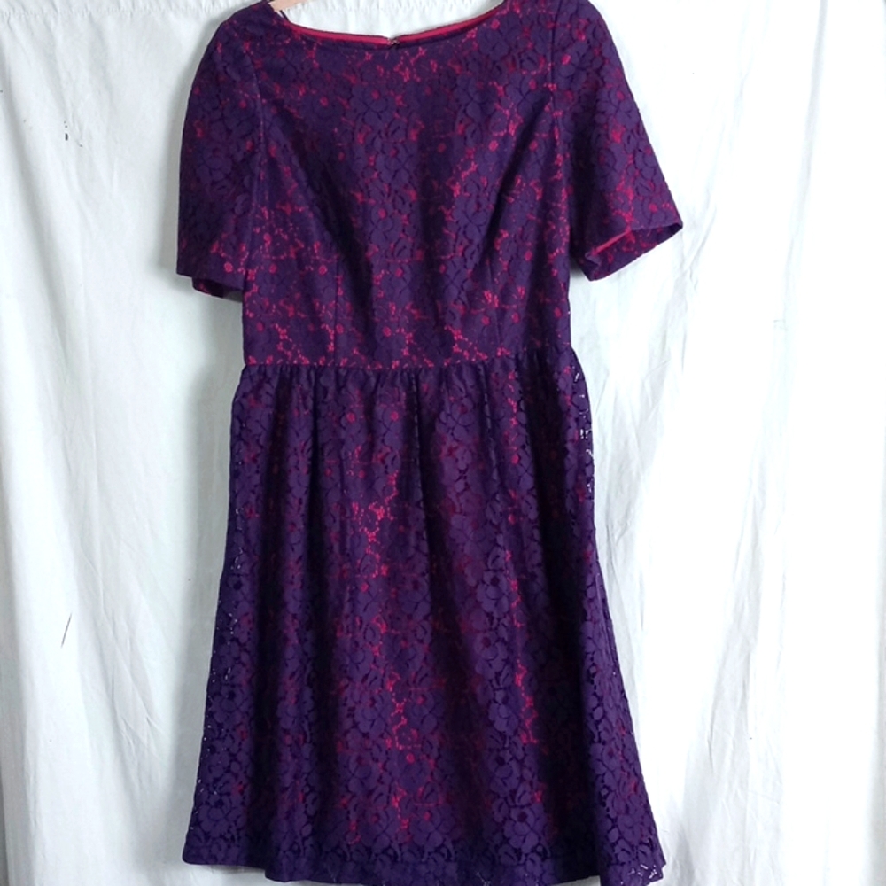 Adrianna Papel purple pink lace overlay midi dress